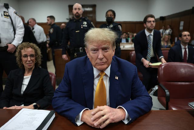 <p>Former President Donald Trump attends his trial for allegedly covering up hush money payments at Manhattan Criminal Court on 7 May 2024</p>
