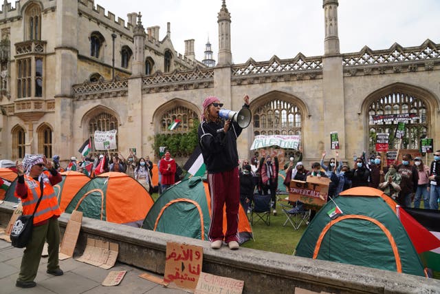 Students speaking at an encampment on the grounds of Cambridge University (PA)