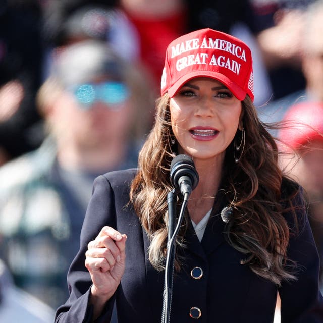 <p>South Dakota Governor Kristi Noem speaks ar Trump rally in Ohio in March. The governor has come under fire for claiming tribal leaders have ties to drug cartels </p>