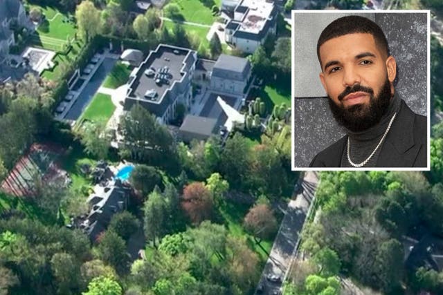 <p>An aerial view of Drake’s Toronto mansion. Inset the rapper </p>