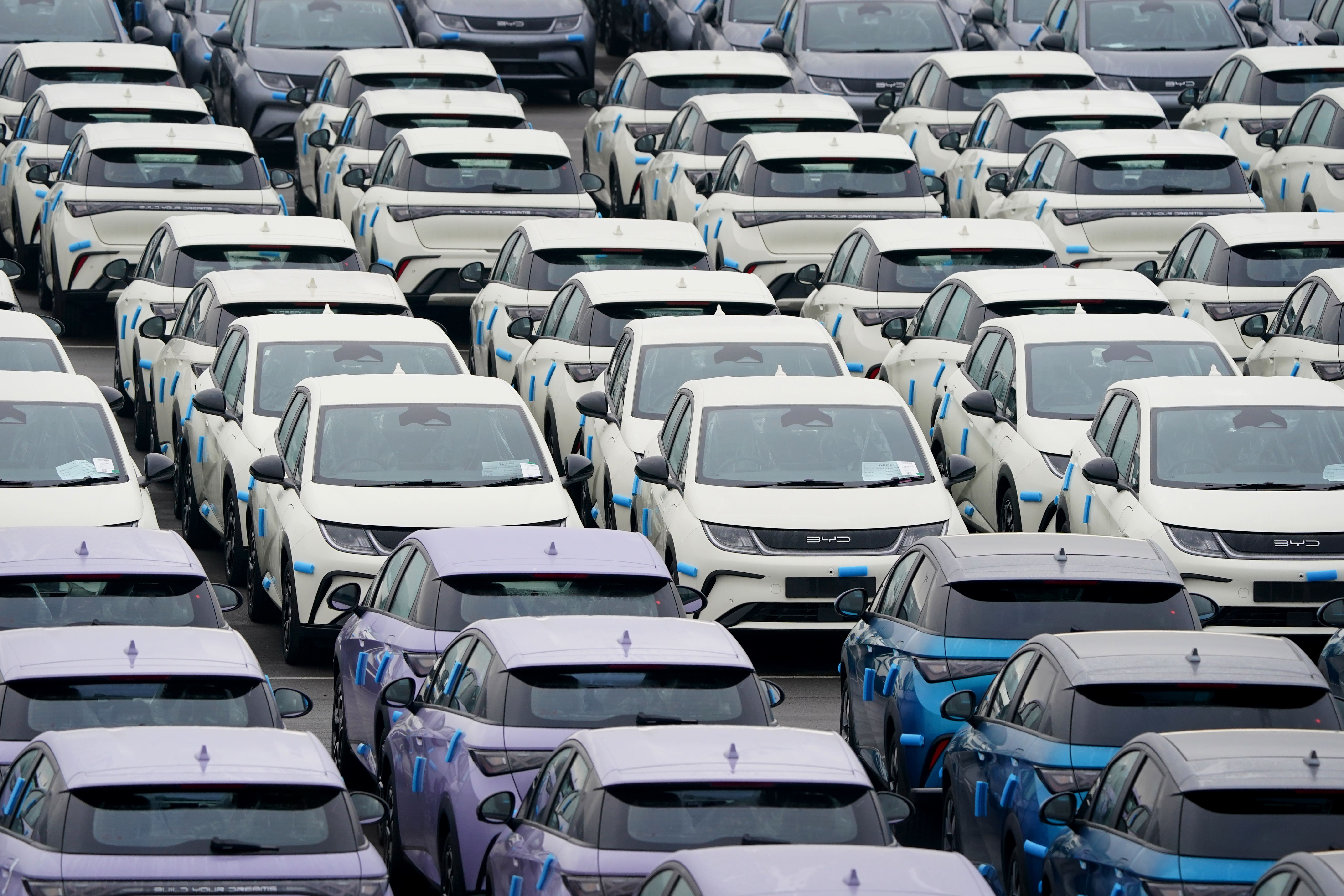 Previously unissued photo dated 29/1/2024 of Chinese made BYD passenger battery electric vehicles and plug-in hybrid electric vehicles collectively known as new energy vehicles in China in a compound in Sheerness, Kent. Issue date: Thursday April 4, 2024.