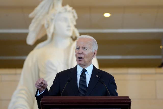 <p>President Joe Biden speaks at the U.S. Holocaust Memorial Museum's Annual Days of Remembrance ceremony at the U.S. Capitol, Tuesday, May 7, 2024 in Washington. Statue of Freedom stands behind.(AP Photo/Evan Vucci)</p>