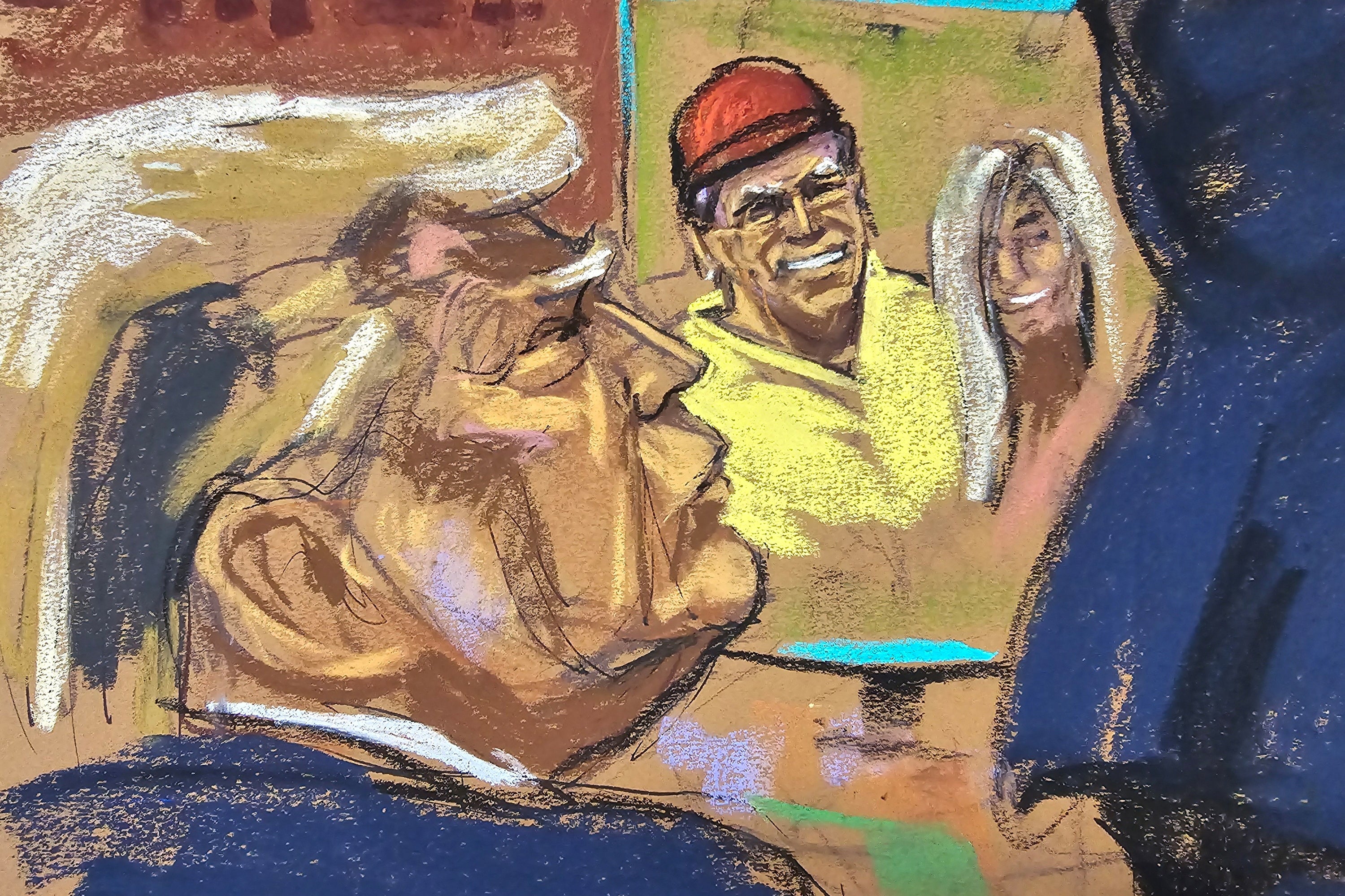 A courtroom sketch depicts Donald Trump looking at a 2006 photo of himself with Stormy Daniels at a golf tournament, taken the same day he allegedly had sex with her.
