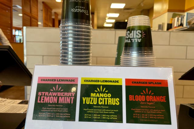<p>Flavors of charged lemonade are displayed at a Panera Bread restaurant on November 01, 2023 in Novato, California. </p>