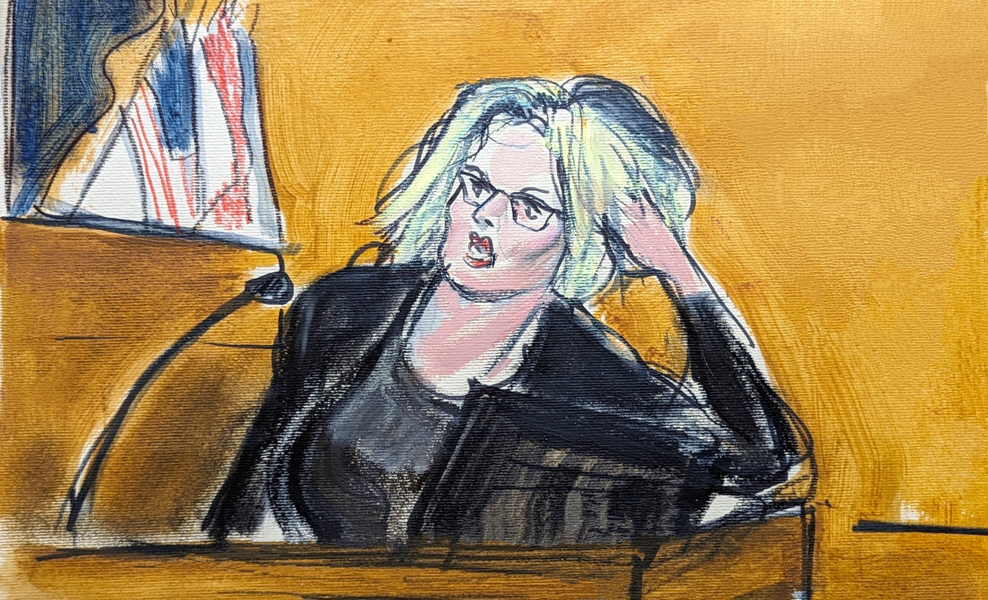 Court sketch shows Stormy Daniels on the witness stand showing jurors how she found Donald Trump posing on his bed in his hotel suite