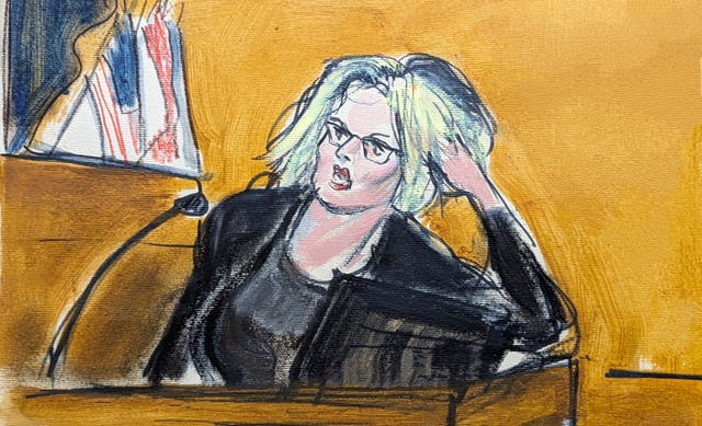 <p>Court sketch shows Stormy Daniels on the witness stand showing jurors how she found Donald Trump posing on his bed in his hotel suite </p>