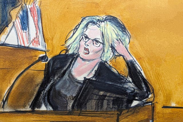 <p>Court sketch shows Stormy Daniels on the witness stand showing jurors how she found Donald Trump posing on his bed in his hotel suite </p>