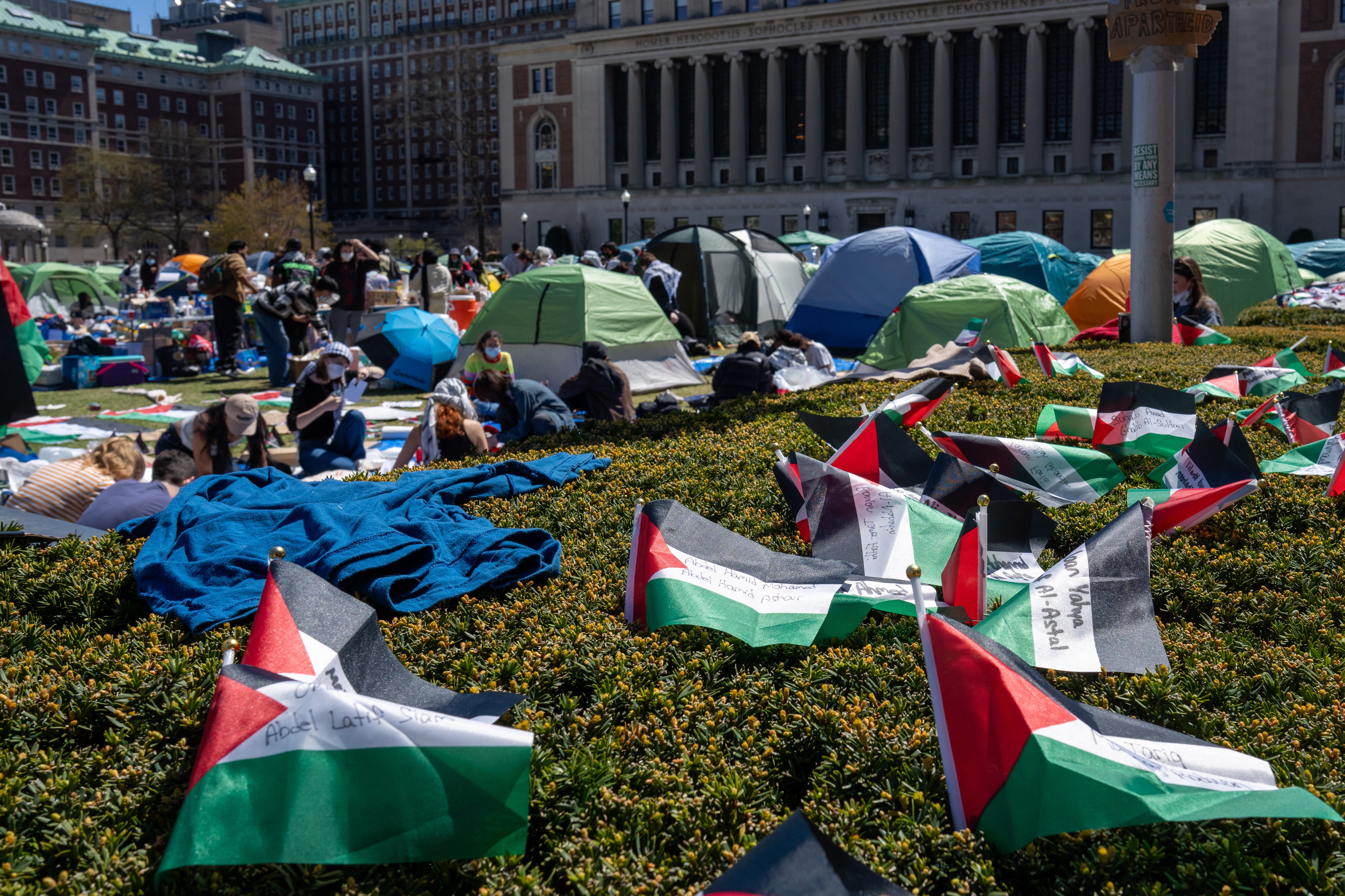 Protestors occupy an encampment in support of Palestine on the grounds of Columbia University on April 22, 2024 in New York City