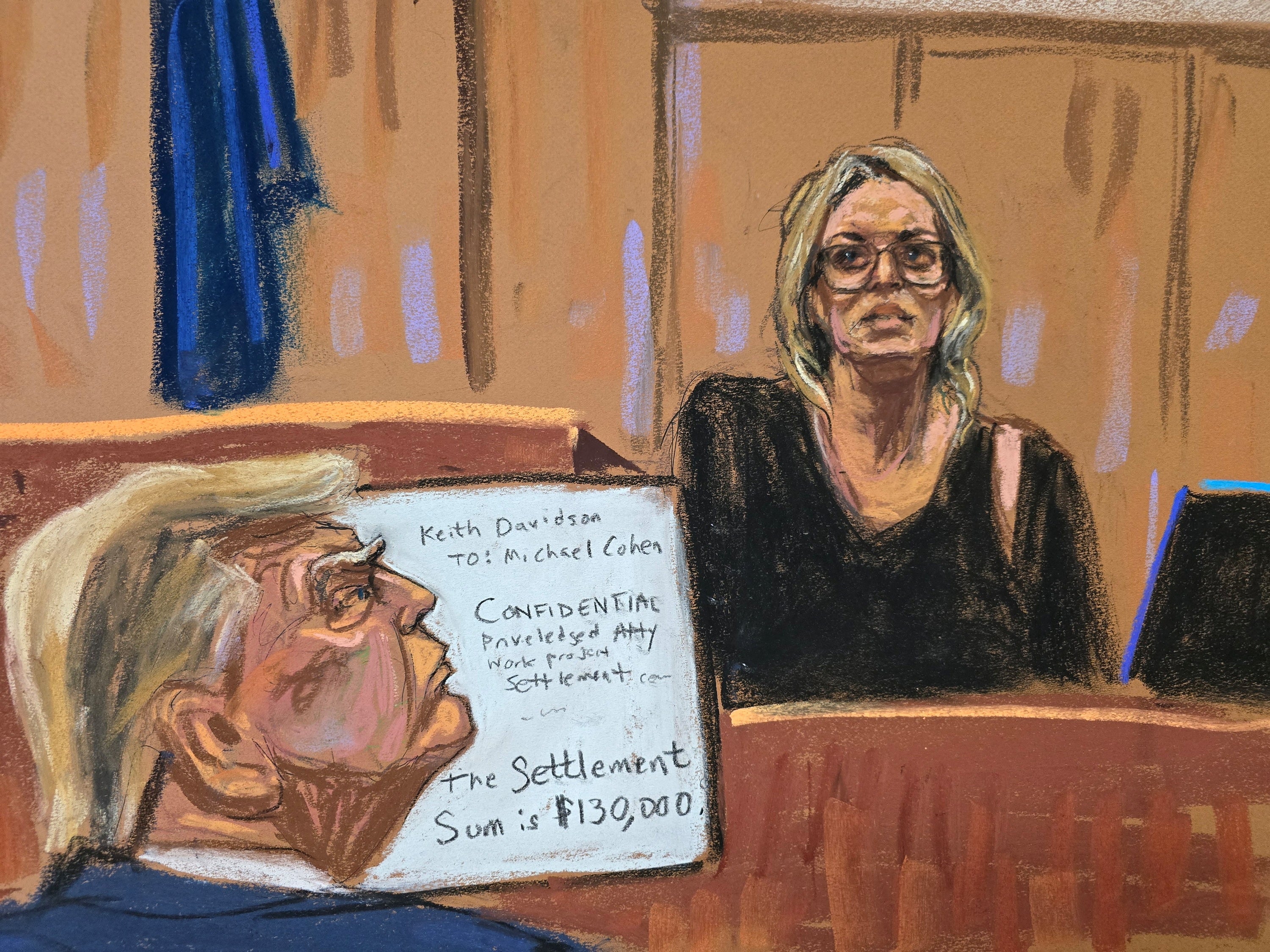 A courtroom sketch depicts Donald Trump watching Stormy Daniels as she testifies in a Manhattan criminal courtroom on 7 May.