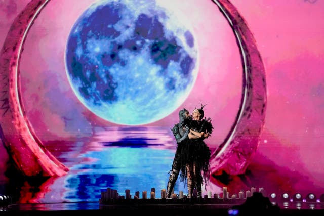<p>Bambie Thug of Ireland performs the song Doomsday Blue during the first semi-final at the Eurovision Song Contest in Malmo, Sweden (Martin Meissner/AP)</p>