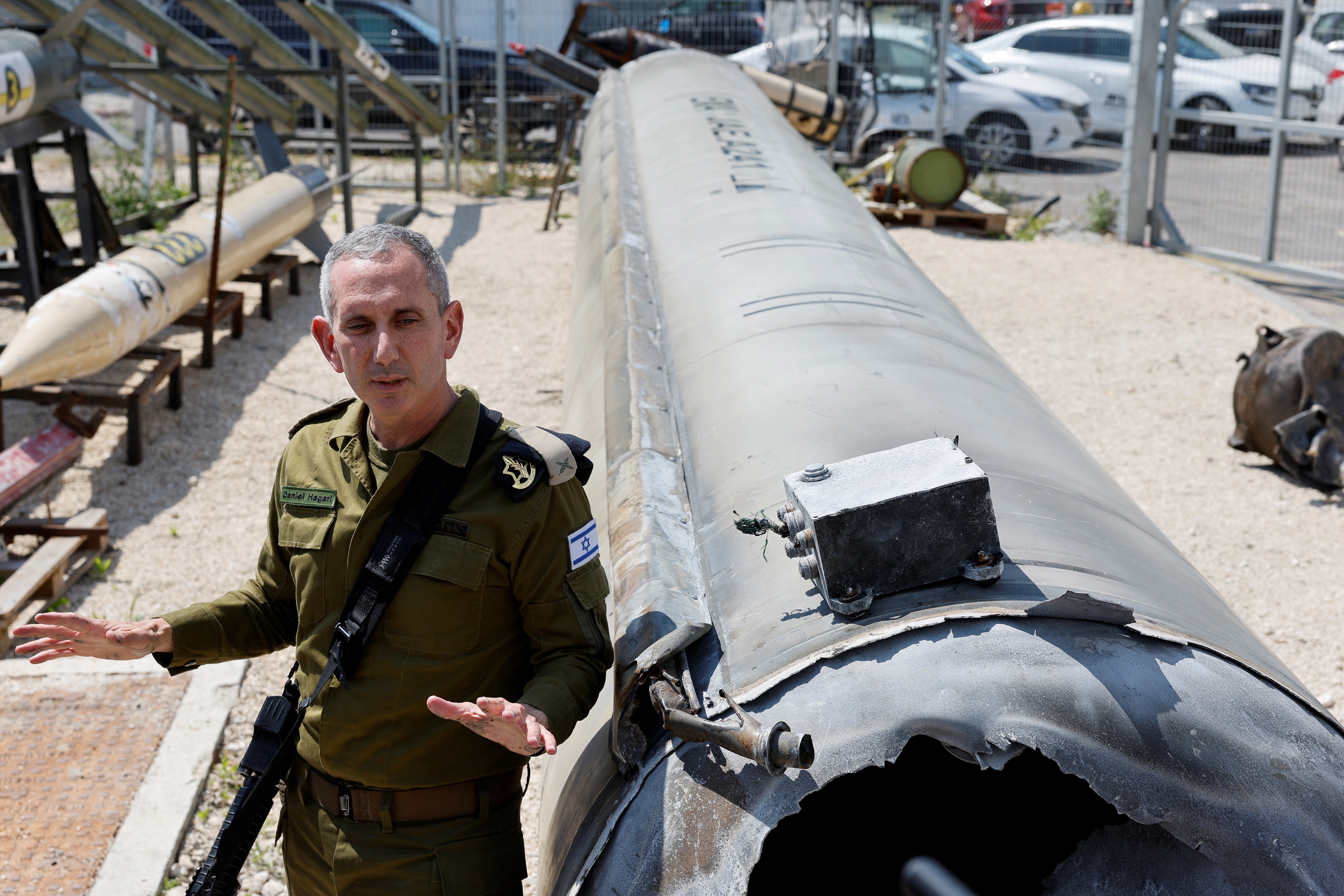 Israeli military spokesman Rear Admiral Daniel Hagari speaks to the media as the Israeli military displays what it claims is an Iranian ballistic missile