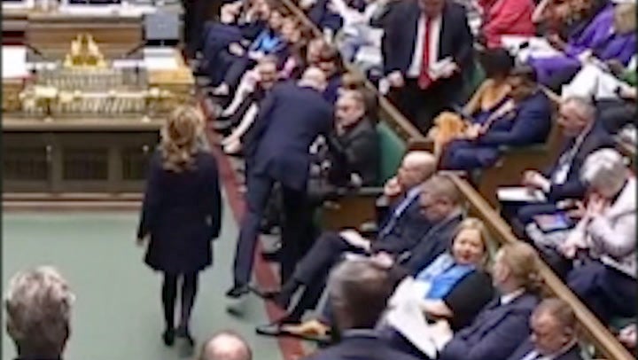 <p>Moment Tory MP Natalie Elphicke walks across Commons floor to join Labour minutes before PMQs.</p>