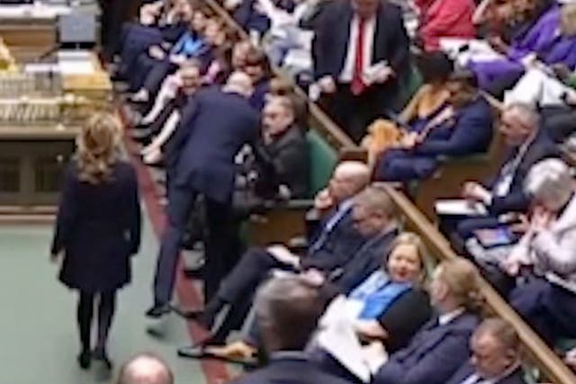 <p>Moment Tory MP Natalie Elphicke walks across Commons floor to join Labour minutes before PMQs.</p>