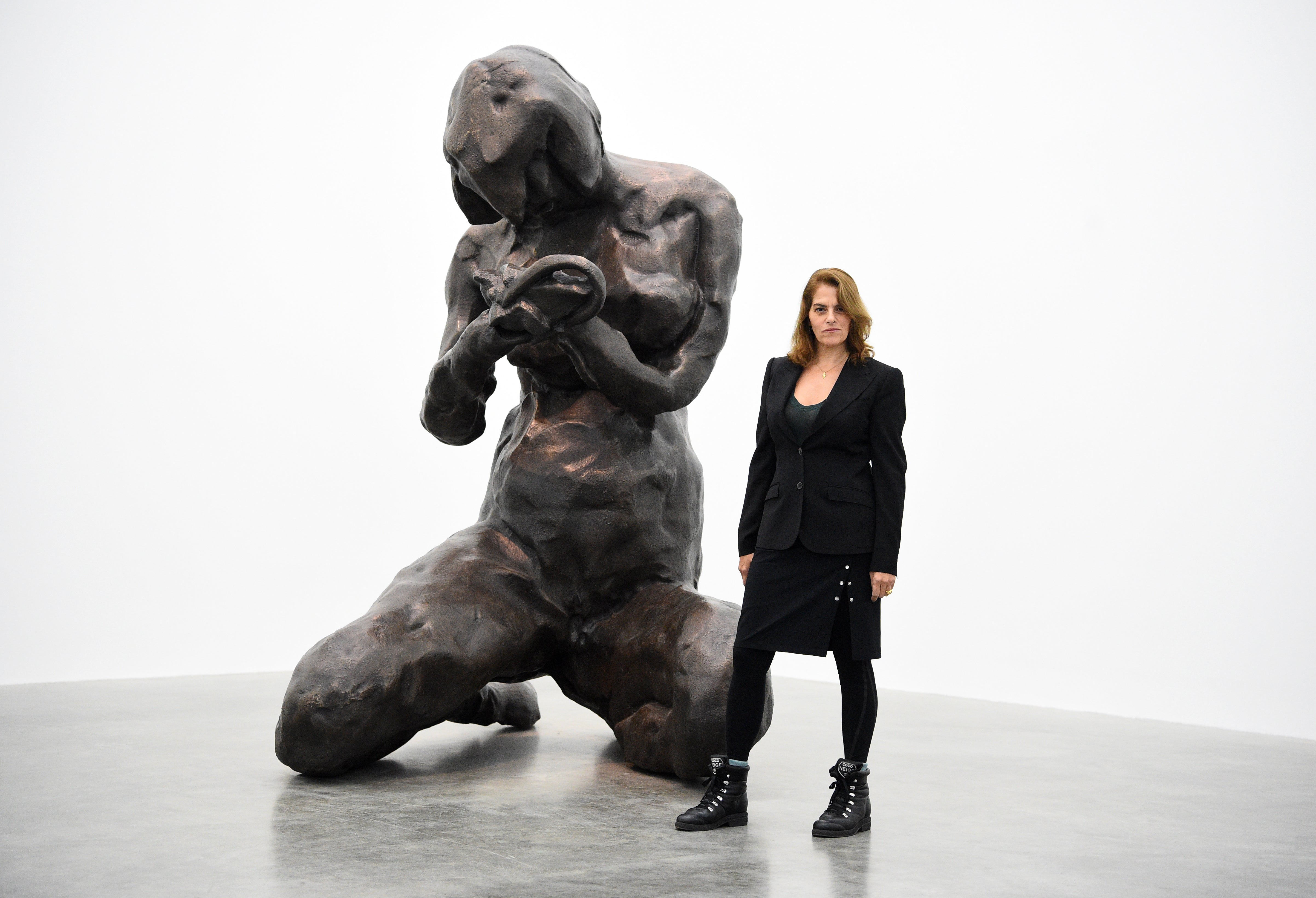 Tracey Emin with her sculpture ‘The Mother’ at the White Cube in London