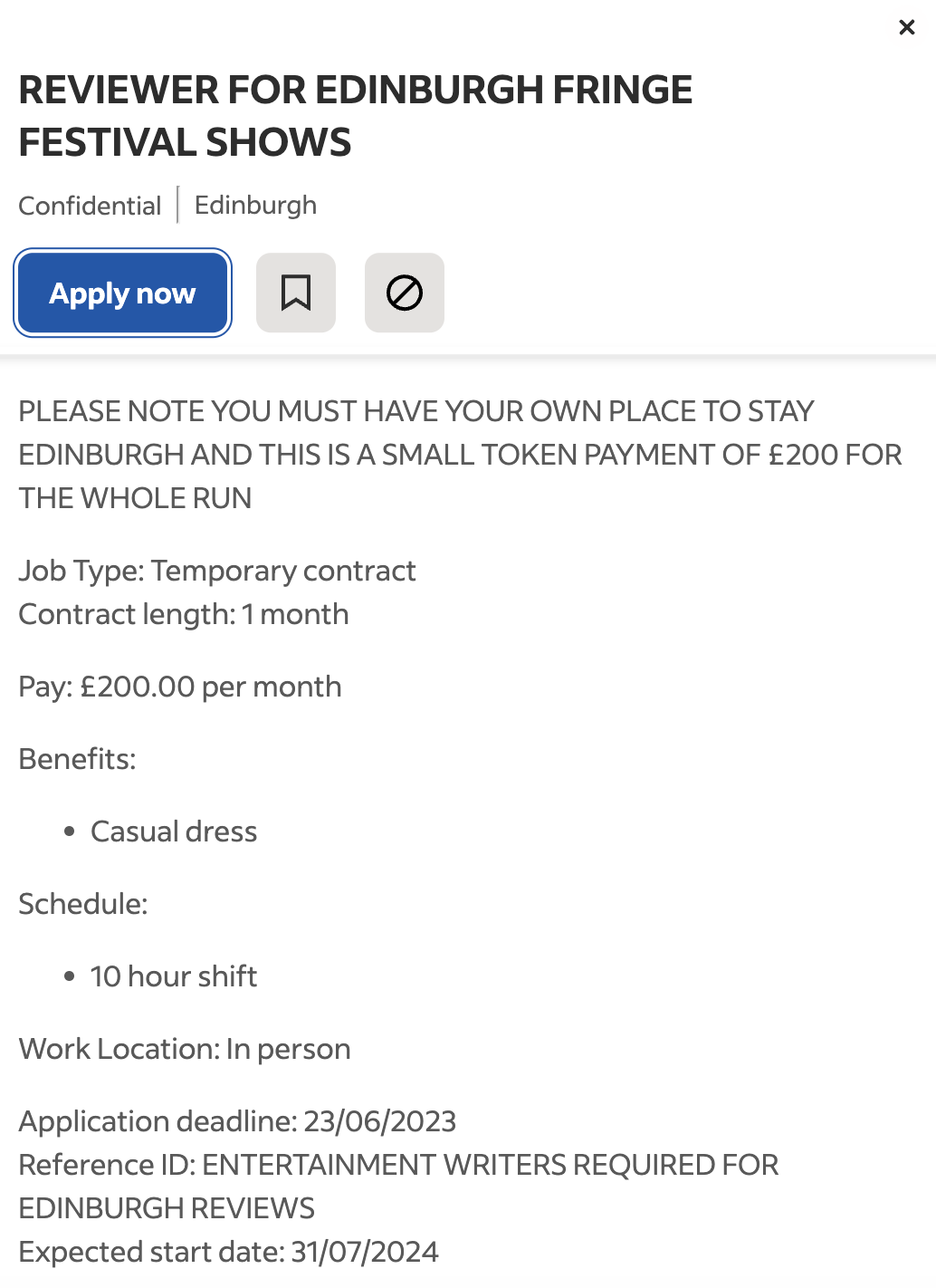 The ad specified 10 hour shifts in exchange for a £200 ‘token payment’ monthly wage