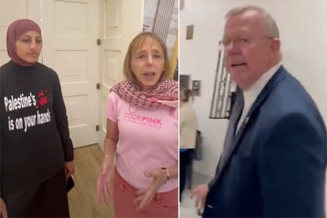 <p>Sumer Mobarak (left) and Medea Benjamin (centre), antiwar protesters with Code Pink, spoke to Congressman Mike Ezell (right) on Tuesday about the Israel-Hamas war. Video footage of the conversation indicates that Mr Ezell knocked the phone out of Ms Mobarak’s hand </p>