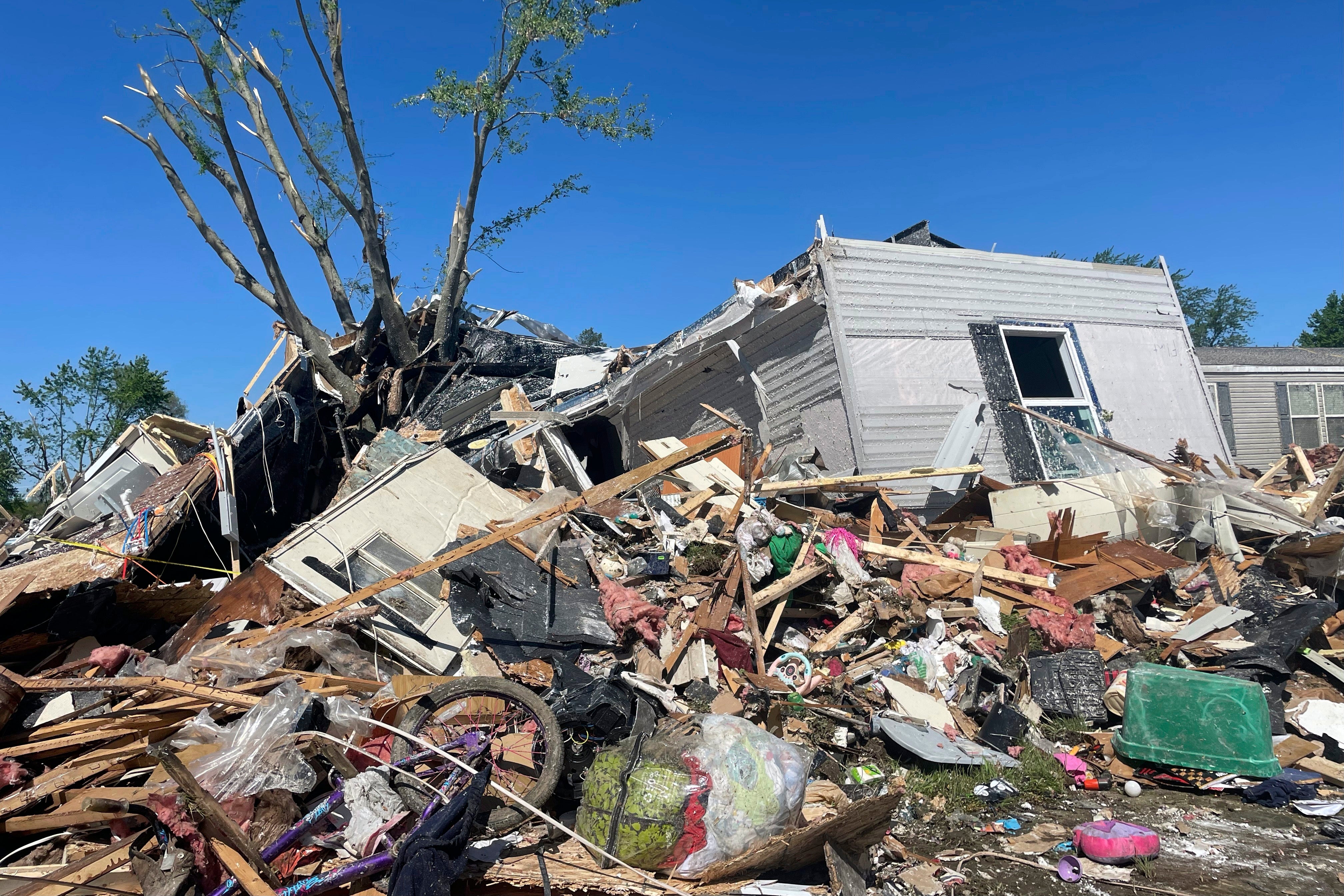 A storm-damaged mobile home in Michigan