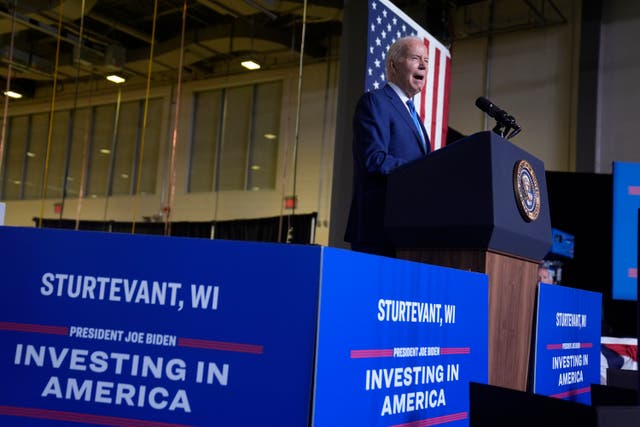 <p>President Joe Biden delivers remarks on his "Investing in America agenda" at Gateway Technical College, Wednesday, May 8, 2024, in Sturtevant, Wis. (AP Photo/Evan Vucci)</p>