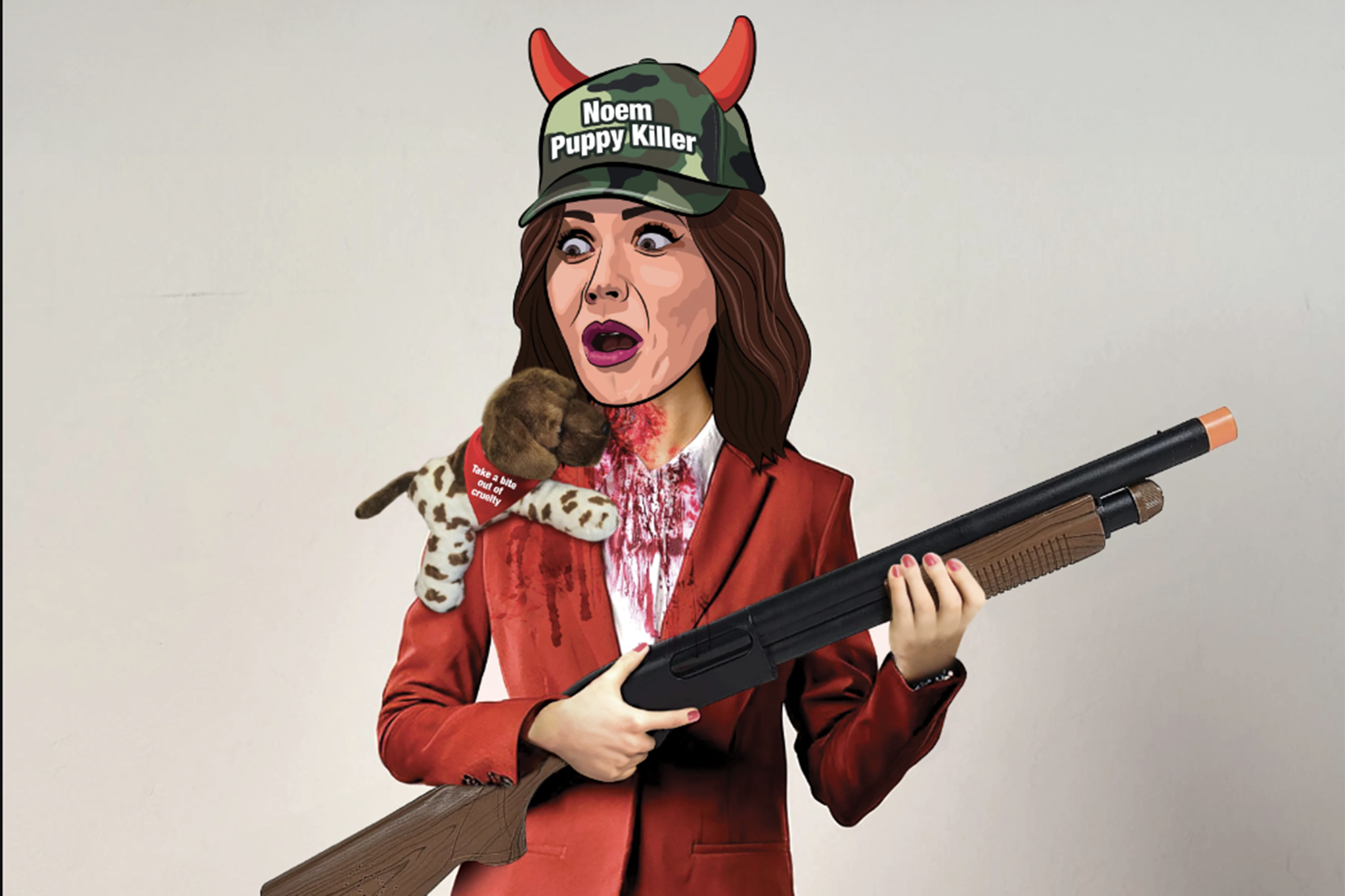The costume features a mask of Ms Noem’s face with devil horns and a camo hat imprinted with ‘Noem: Puppy Killer,’ and a fake gun