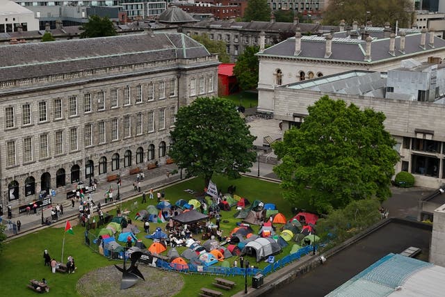 Students taking part in an encampment protest over the Gaza conflict on the grounds of Trinity College in Dublin (Niall Carson/PA)