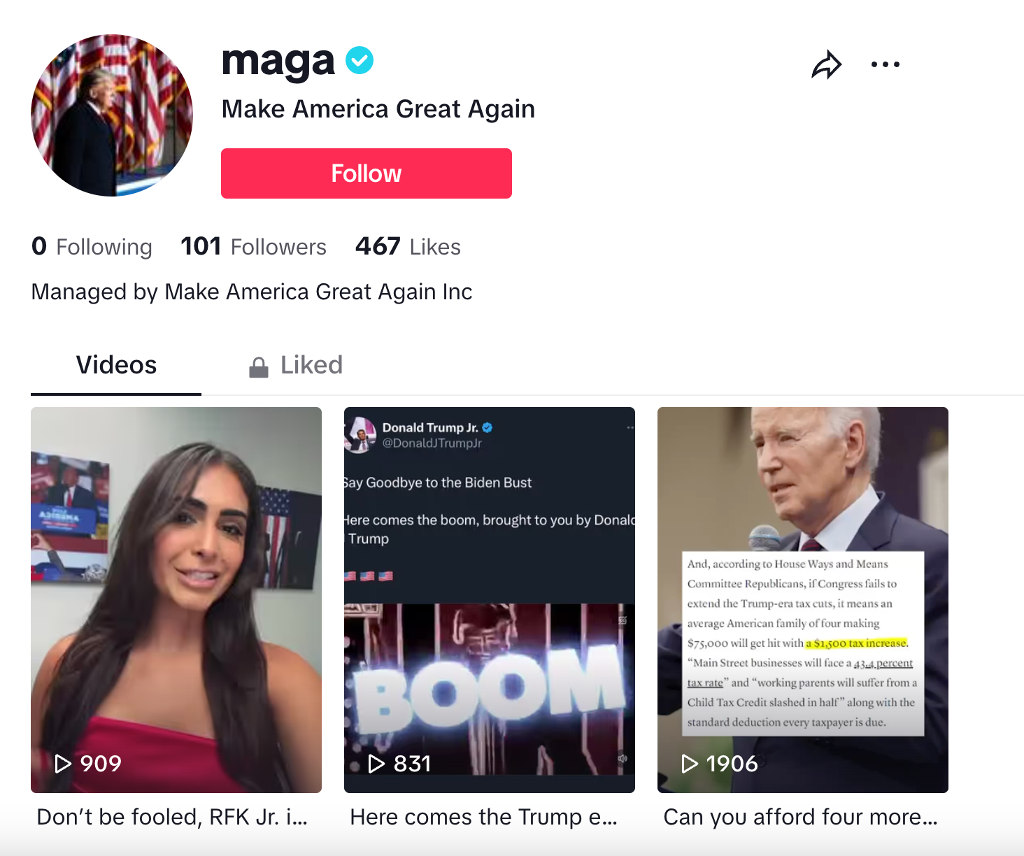 Donald Trump’s super PAC, MAGA Inc., launched a TikTok account, pictured above on Wednesday afternoon