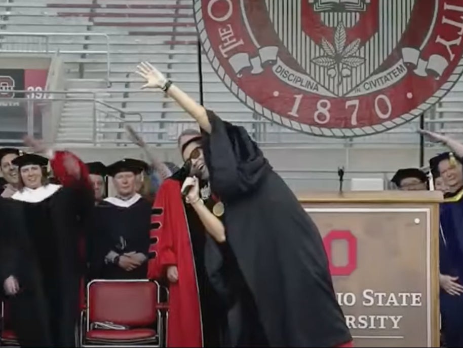 Chris Pan, a ‘social entrepreneur’ and crypto advocate who was selected to give Ohio State University’s commencement address leads a sing-a-long during the ceremony on 5 May, 2024