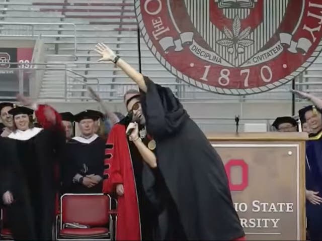 <p>Chris Pan, a ‘social entrepreneur’ and crypto advocate who was selected to give Ohio State University’s commencement address leads a sing-a-long during the ceremony on 5 May, 2024</p>