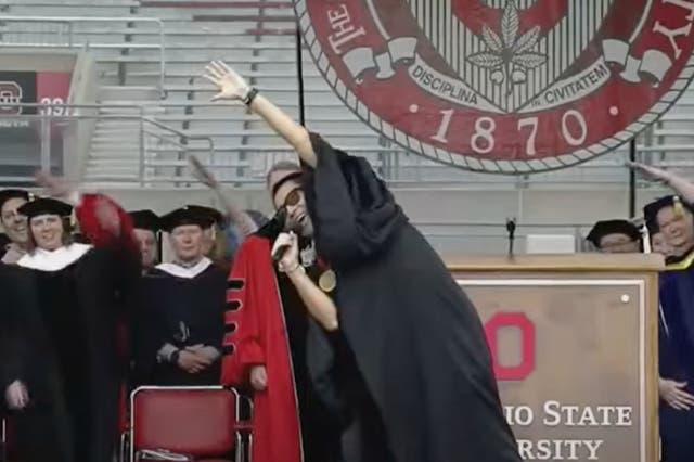 <p>Chris Pan, a ‘social entrepreneur’ and crypto advocate who was selected to give Ohio State University’s commencement address leads a sing-a-long during the ceremony on 5 May, 2024</p>