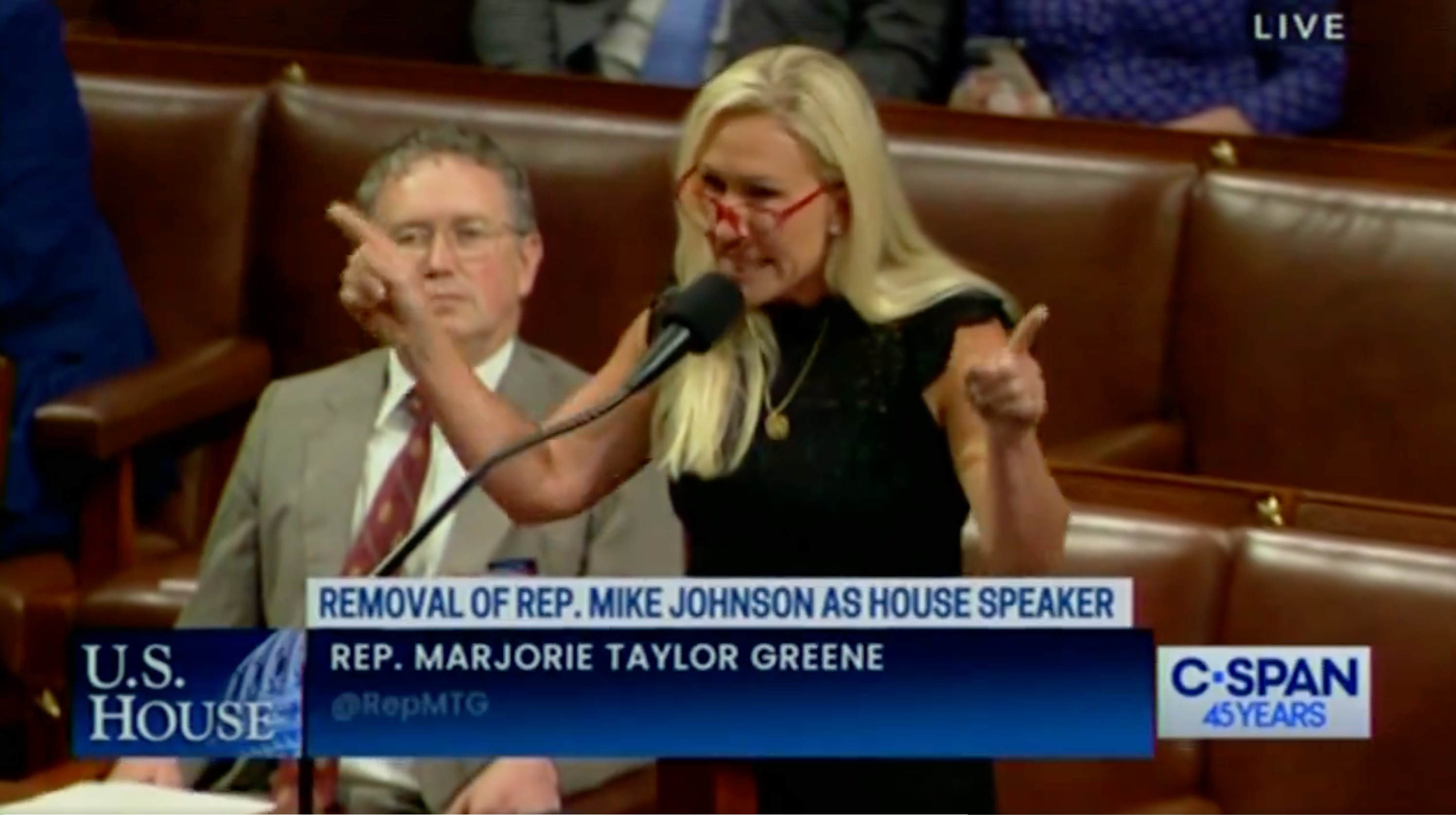 Marjorie Taylor Greene, pictured speaking on the House floor on Wednesday, was defeated when she attempted to remove Speaker Mike Johnson