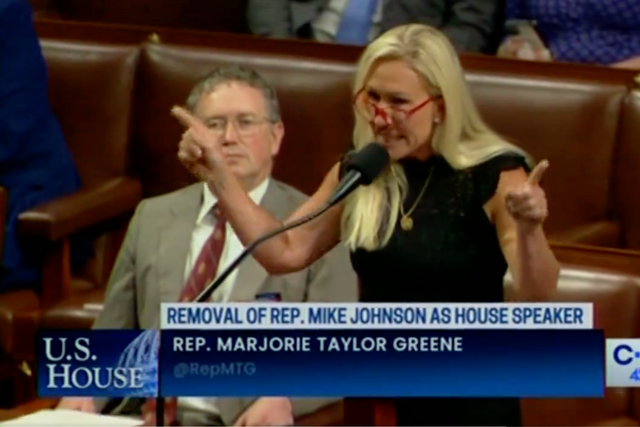 <p>Marjorie Taylor Greene, pictured speaking on the House floor on Wednesday, was defeated when she attempted to remove Speaker Mike Johnson</p>