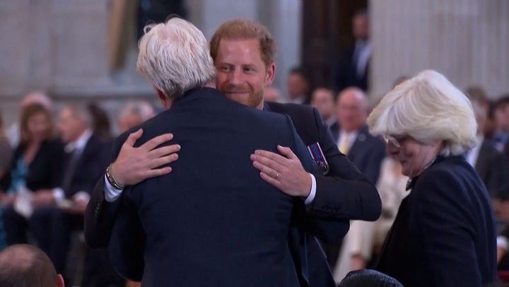 Harry hugs family as he is supported by Princess Diana’s brother and sister at the ceremony