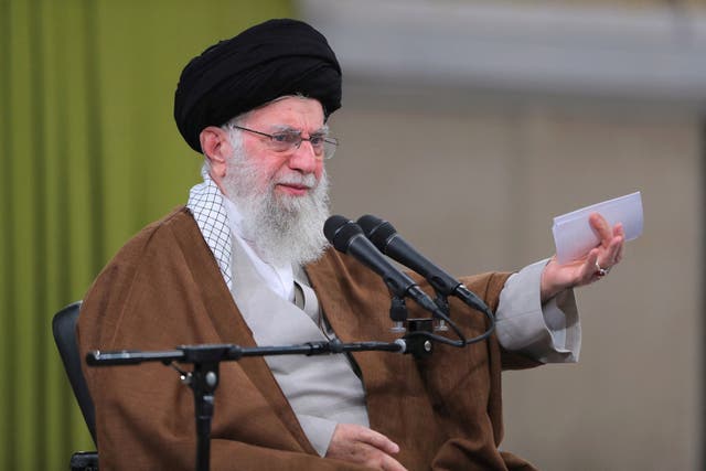 <p>Iran’s supreme leader Ayatollah Ali Khamenei speaks during a meeting with teachers in Tehran</p>