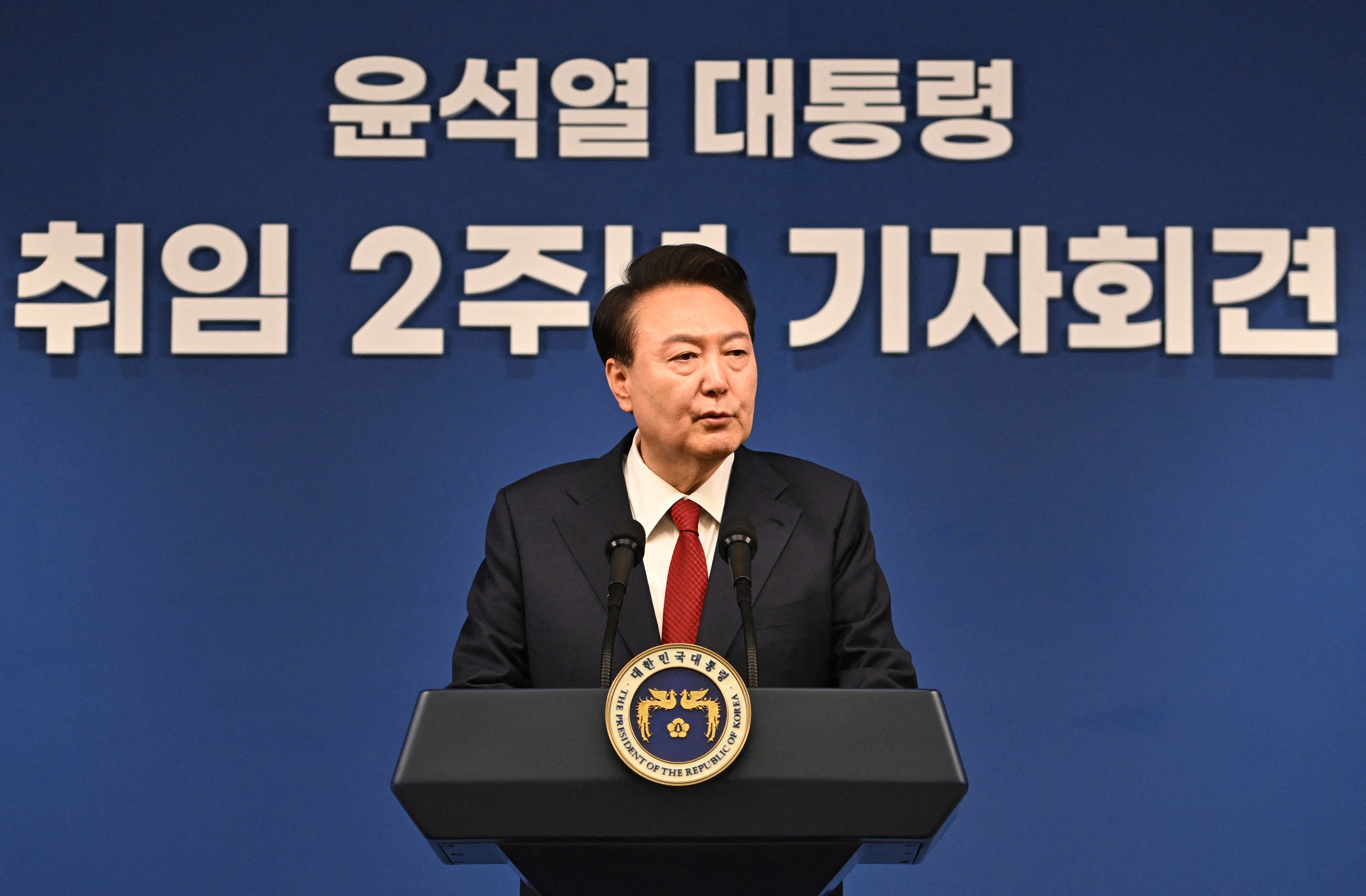 South Korea’s president Yoon Suk Yeol speaks during a press conference marking two years in office at the presidential office in Seoul