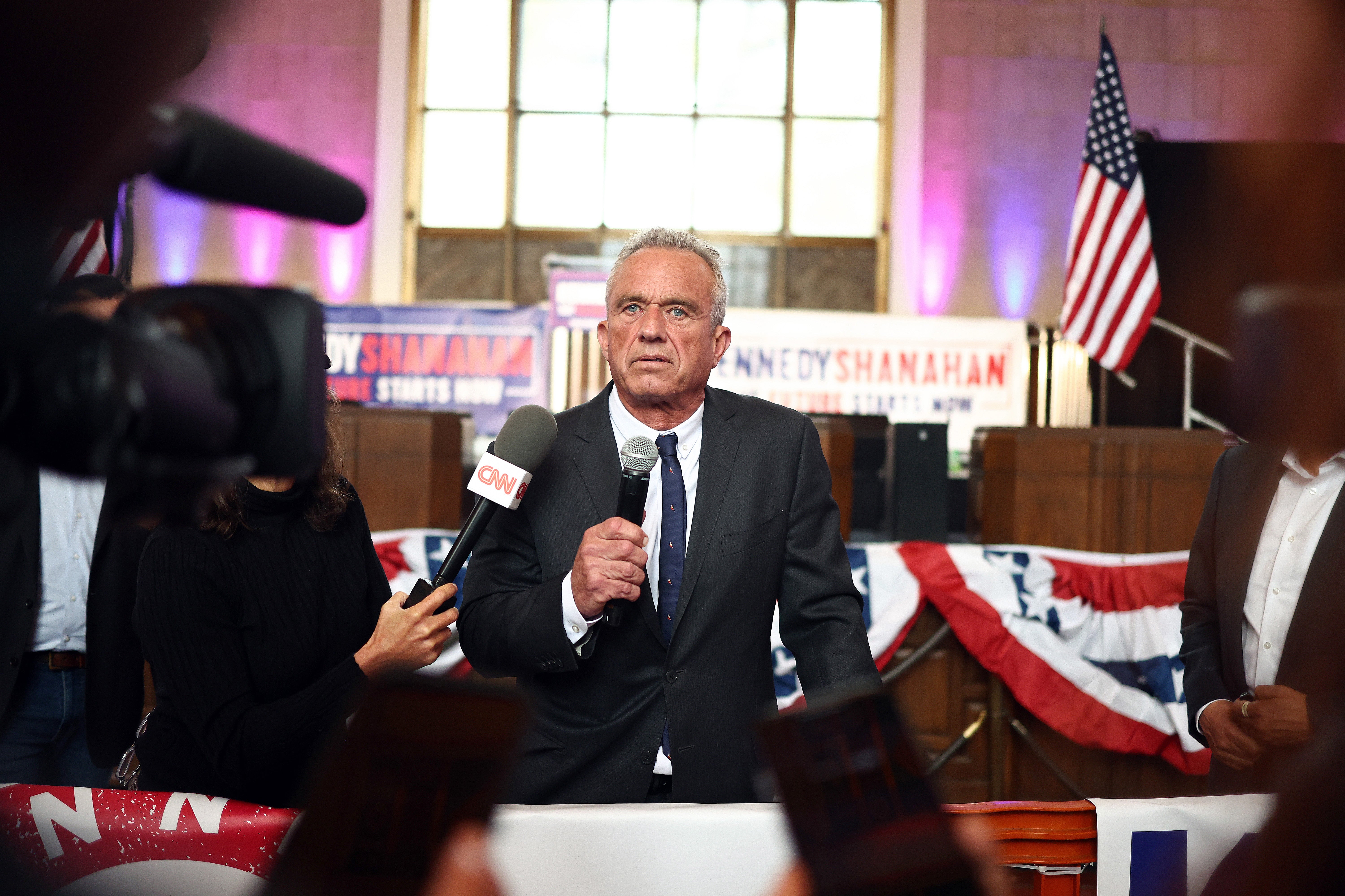 Independent presidential candidate Robert F Kennedy Jr speaks to the media at a Cesar Chavez Day event at Union Station on 30 March 2024 in Los Angeles, California