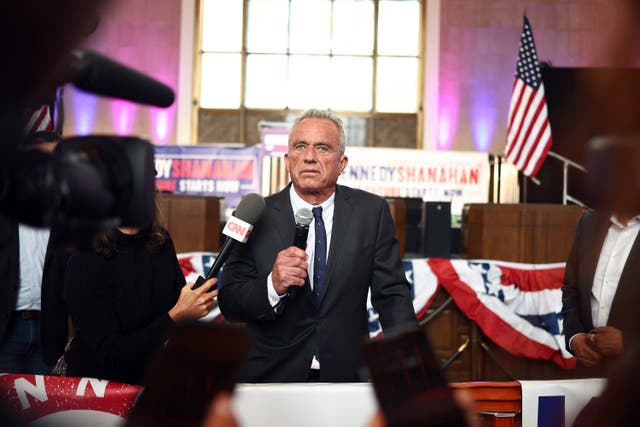 <p>Independent presidential candidate Robert F Kennedy Jr speaks to the media at a Cesar Chavez Day event at Union Station on 30 March 2024 in Los Angeles, California </p>