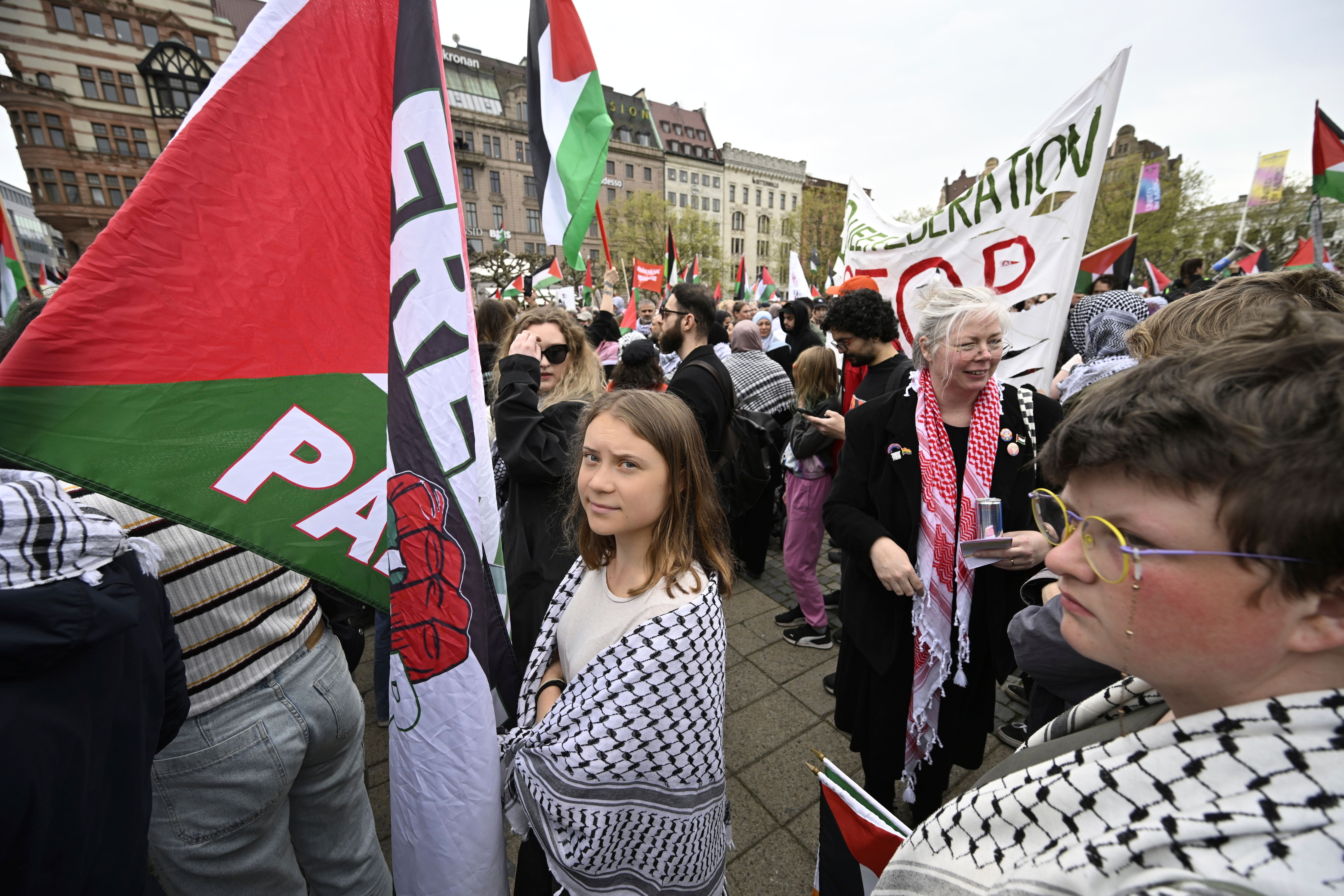 Climate activist Greta Thunberg takes part in a Stop Israel demonstration, between Stortorget and Mölleplatsen in Malmo, Sweden (Johan Nilsson/TT News Agency via AP)