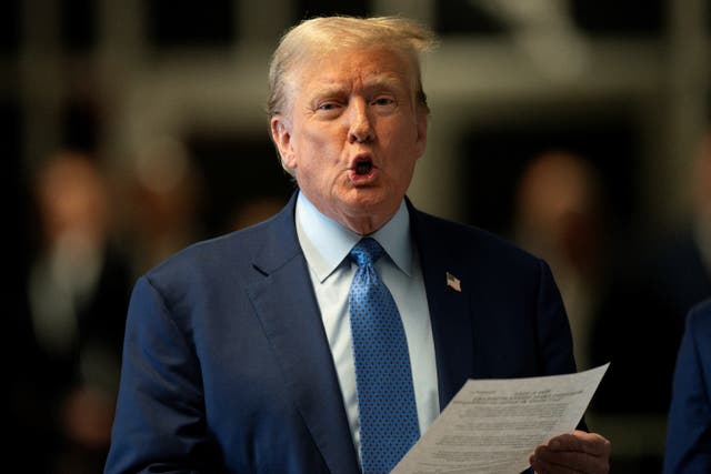 <p>Donald Trump pictured speaking to reporters before walking into court on 9 May. On Thursday the presiding judge Juan Merchan denied the former president’s request to lift a gag order placed on him </p>