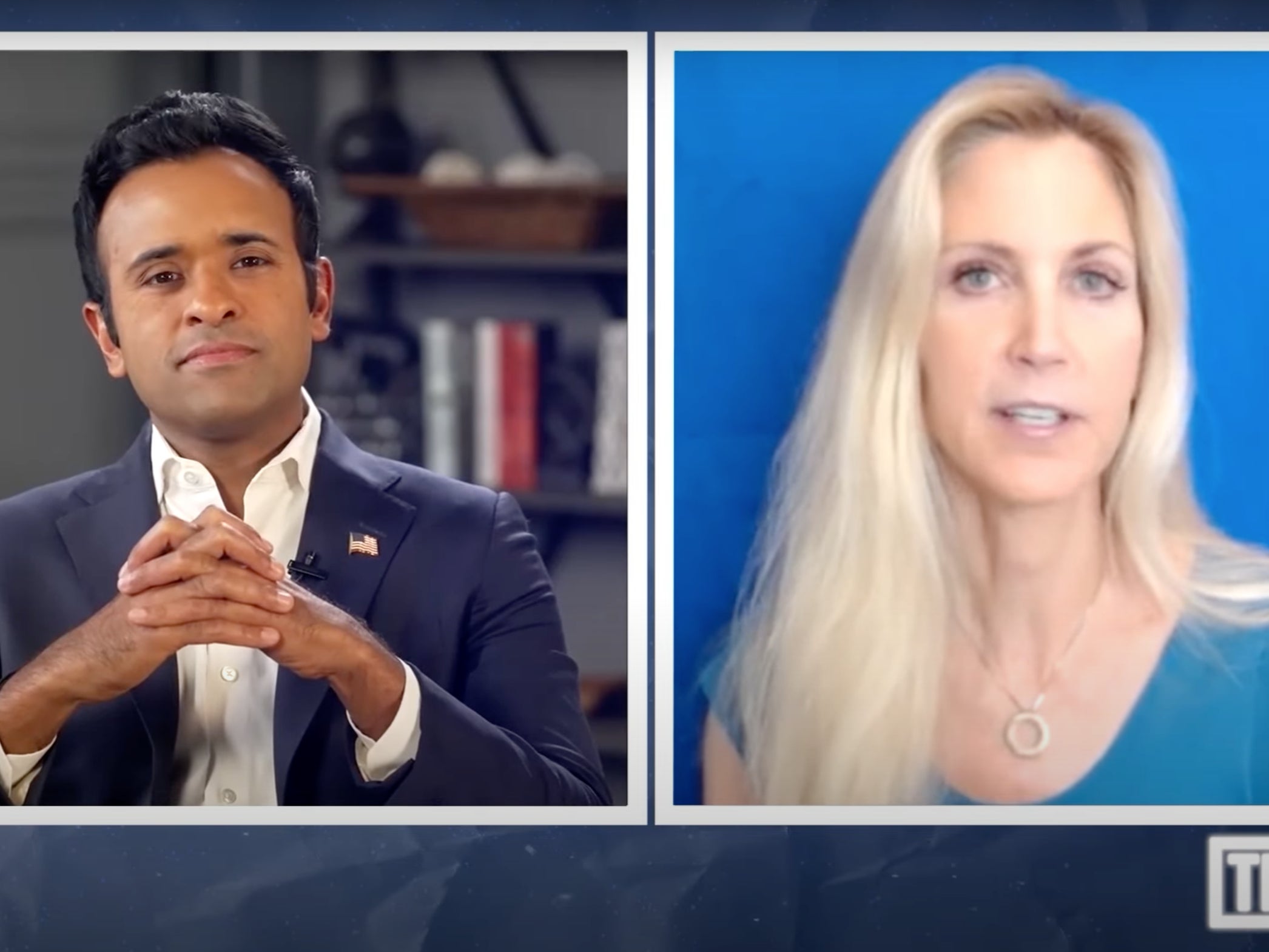 <p>Failed 2024 Republican presidential primary candidate Vivek Ramaswamy, left, listens as conservative pundit Ann Coulter, right, as she says why she wouldn’t vote for him </p>