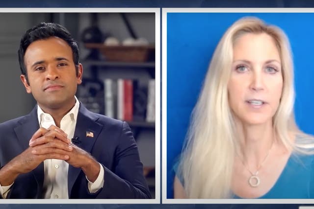 <p>Failed 2024 Republican presidential primary candidate Vivek Ramaswamy, left, listens as conservative pundit Ann Coulter, right, as she says why she wouldn’t vote for him </p>