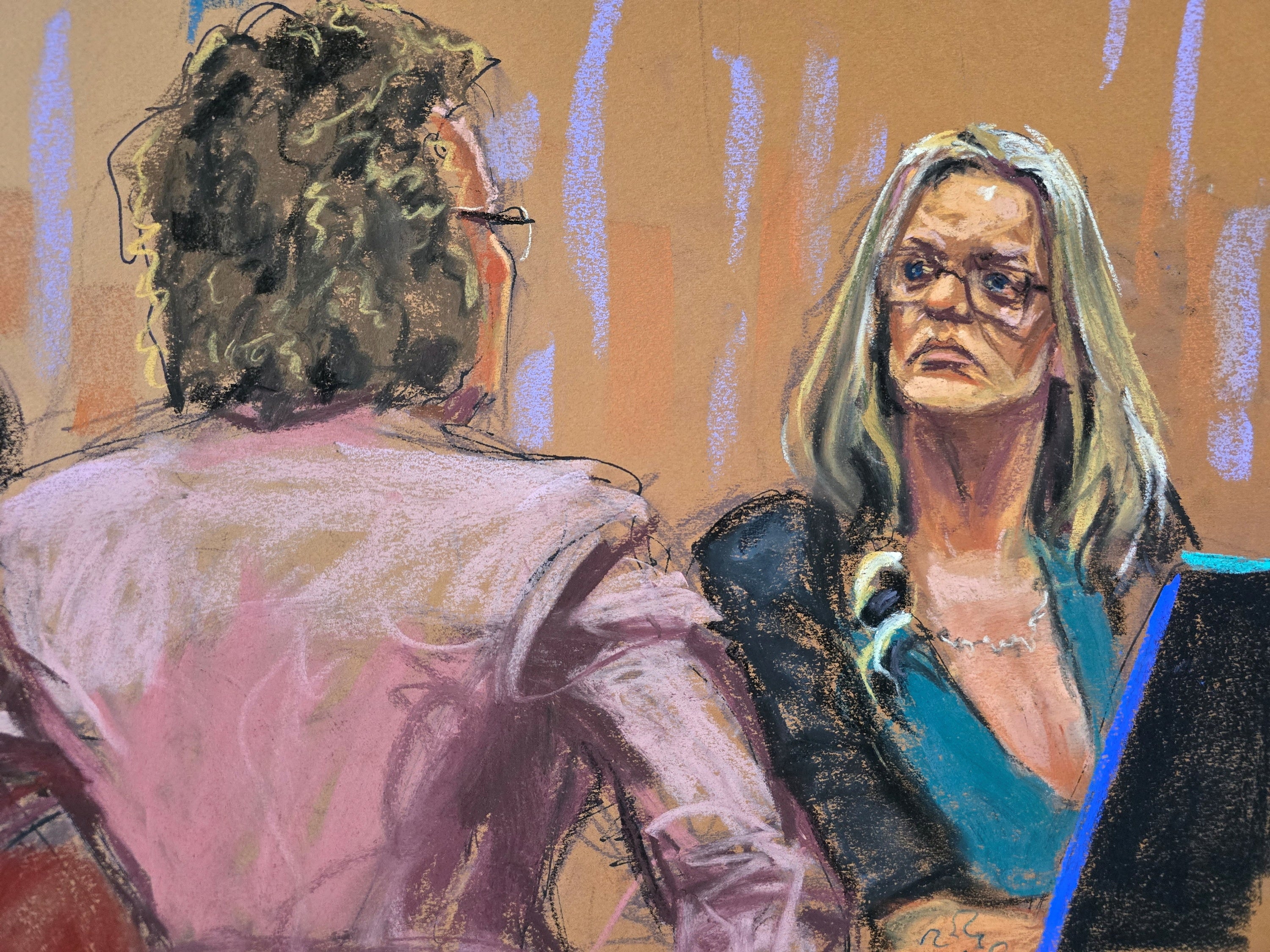 A courtroom sketch depicts Stormy Daniels on the witness stand facing questions from Donald Trump’s attorney Susan Necheles on 9 May.