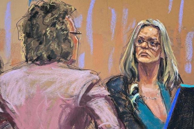 <p>A courtroom sketch depicts Stormy Daniels on the witness stand facing questions from Donald Trump’s attorney Susan Necheles on 9 May. </p>