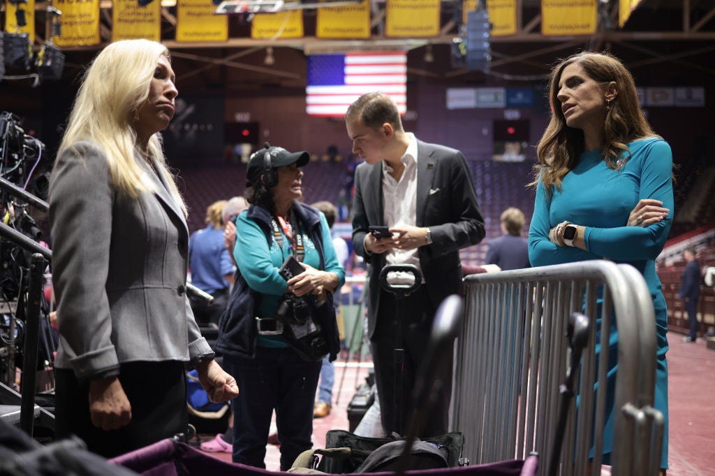 Nancy Mace, right, and Marjorie Taylor Greene, left, are pictured at a Trump campaign event in February 2024