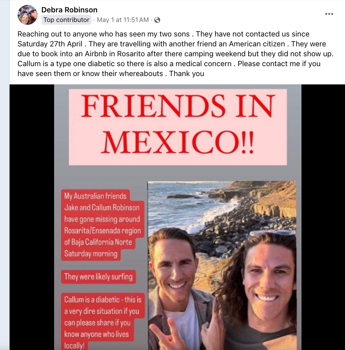 The Facebook group TalkBaja is where news of the surfers’ disappearance first broke when the Australians’ mother posted a plea for help