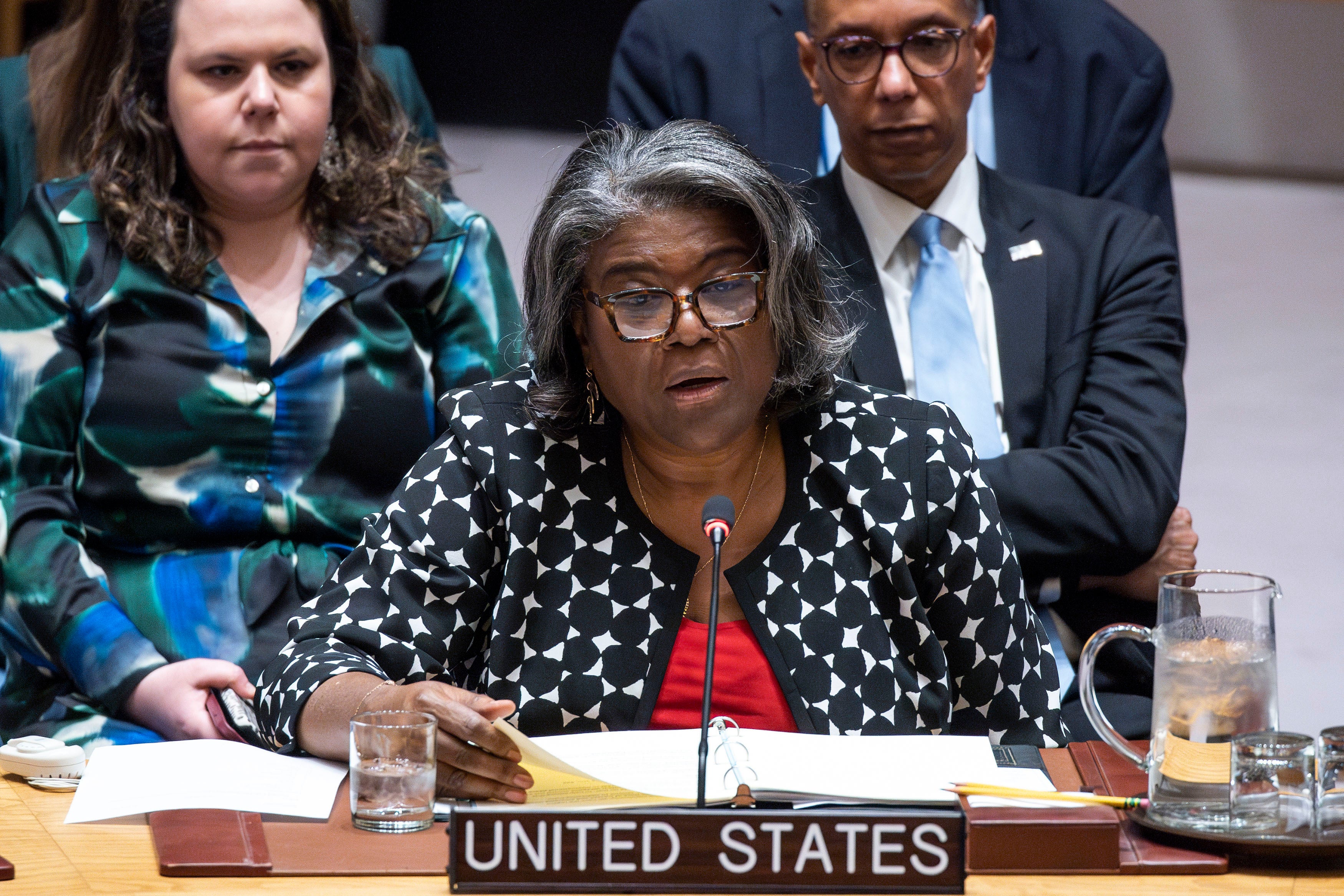 United States ambassador to the United Nations Linda Thomas-Greenfield addresses members of the UN Security Council in April at United Nations headquarters in New York