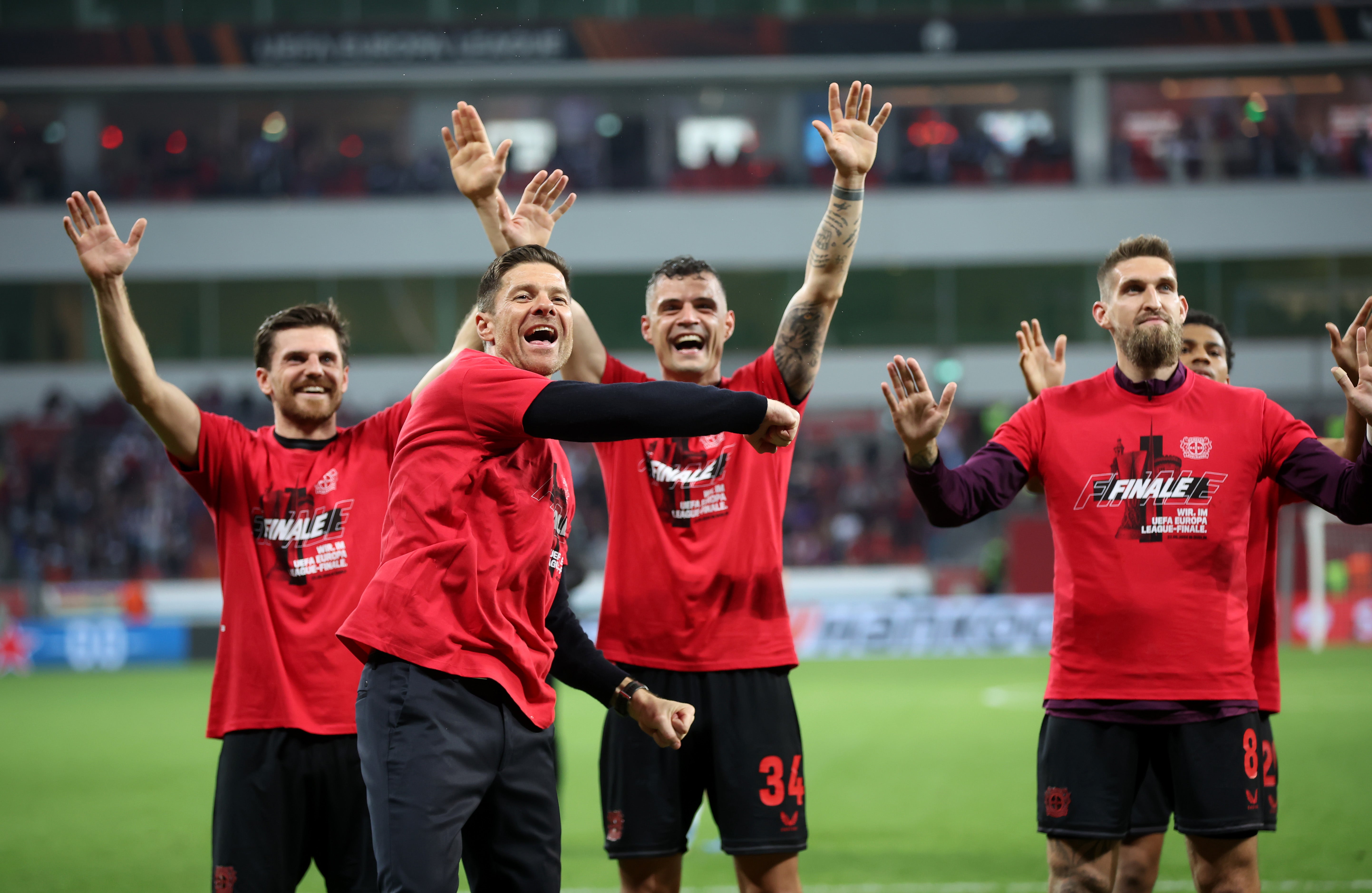 Xabi Alonso celebrates as Leverkusen reached the Europa League final