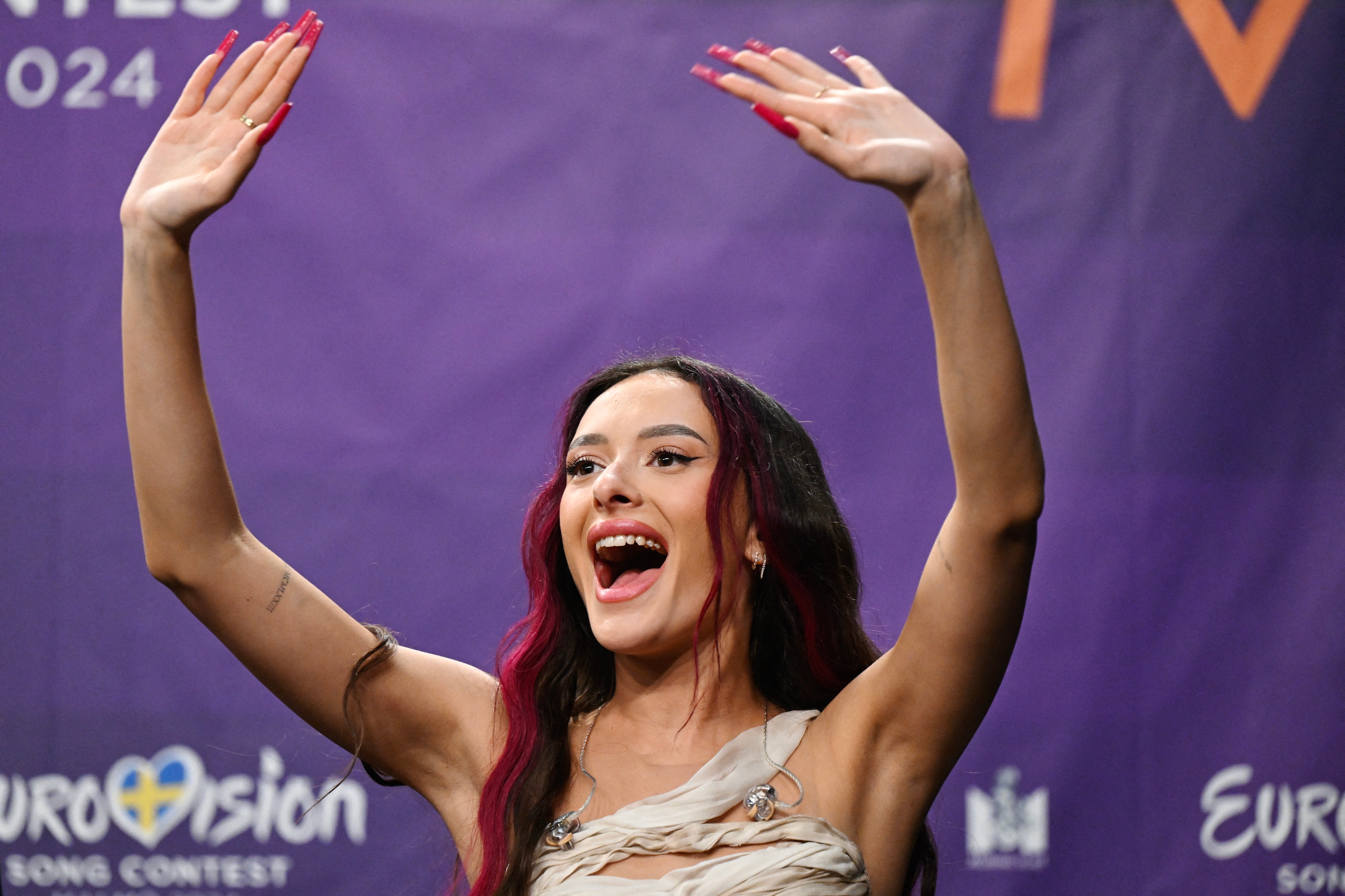 Israel’s Eden Golan reacts after qualifying for the final of the 2024 Eurovision Song Contest
