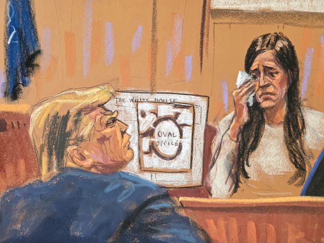 <p>A courtroom sketch depicts former White House aide  Madeleine Westerhaut testifying during Donald Trump’s criminal trial in Manhattan on 9 May</p>