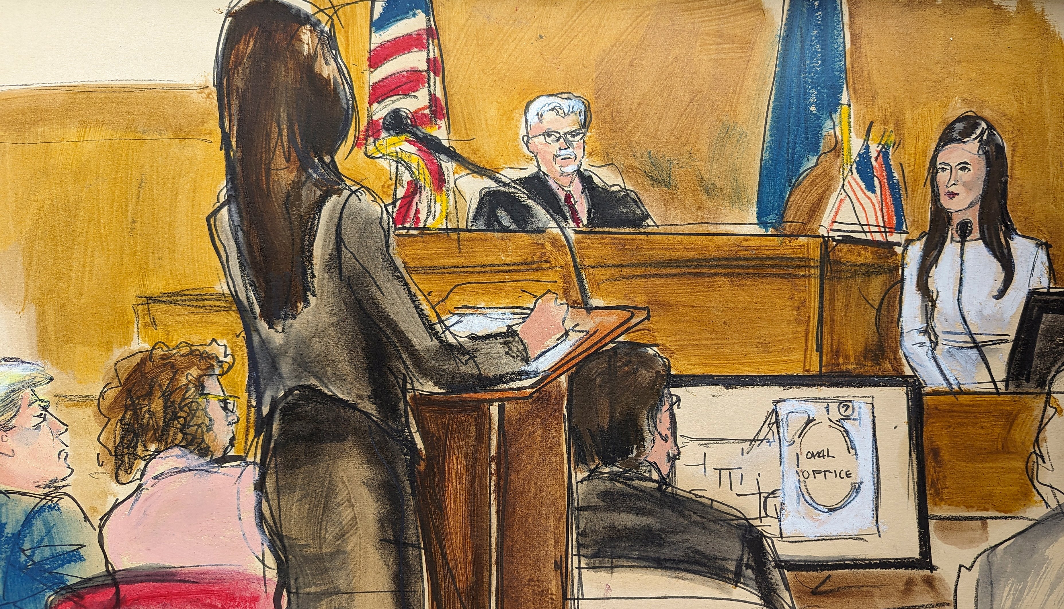 A courtroom sketch depicts former White House aide Madeleine Westerhaut testifying during Donald Trump’s criminal trial in Manhattan on 9 May.