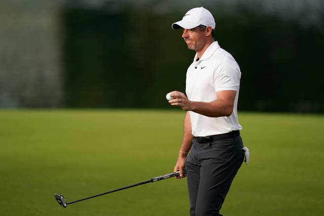 Rory McIlroy, of Northern Ireland, waves after making a putt on the 17th hole during the first round of the Wells Fargo Championship golf tournament at Quail Hollow on Thursday, May 9, 2024, in Charlotte, North Carolina (Erik Verduzco/AP)