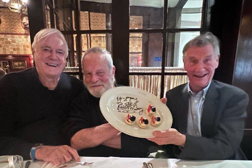 Michael Palin celebrating his 81st birthday with Monty Python friends John Cleese and Terry Gilliam